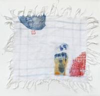 série retrouvailles,  vivre - gravure, photogravure, tampon, dessin sur tissu ancien